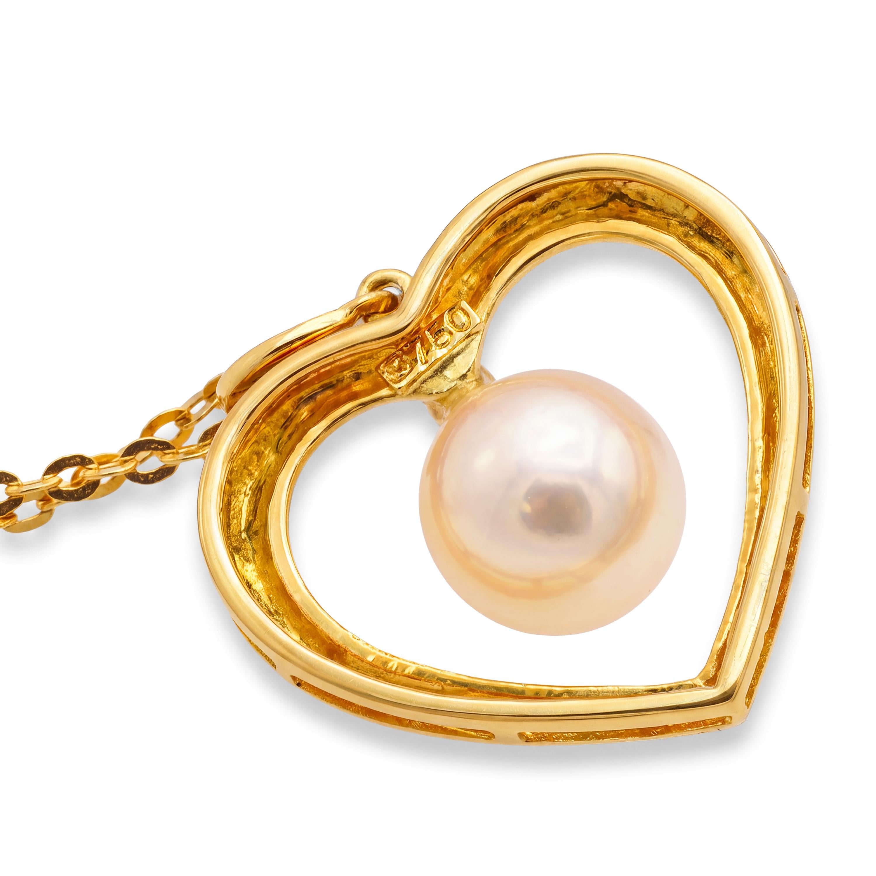 Mikimoto 18k Yellow Gold Cultured Pearl and Diamond Heart Necklace