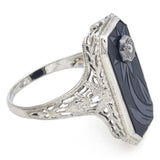 Antique 18K White Gold Black Onyx & Diamond Floral Rectangle Ring Size 6