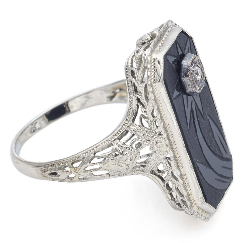 Antique 18K White Gold Black Onyx & Diamond Floral Rectangle Ring Size 6