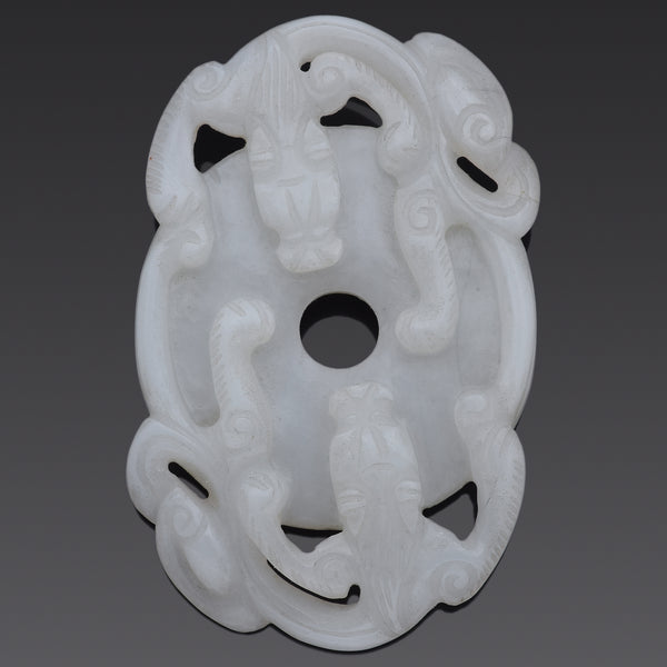 Antique White Mutton Fat Jade Carved Dragon Bi Disc Figurine Pendant