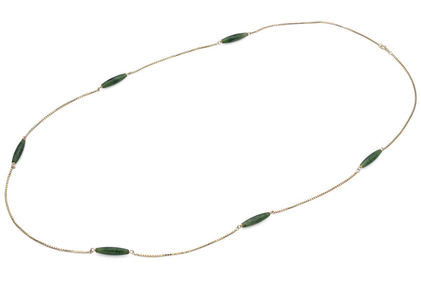 Vintage 8K Yellow Gold Green Jade Marquise Beaded Station Necklace 35.5 Inches