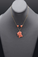 Carved Salmon Coral 14K Gold Earrings & GF Pendant + UnoAErre 18K Chain Necklace