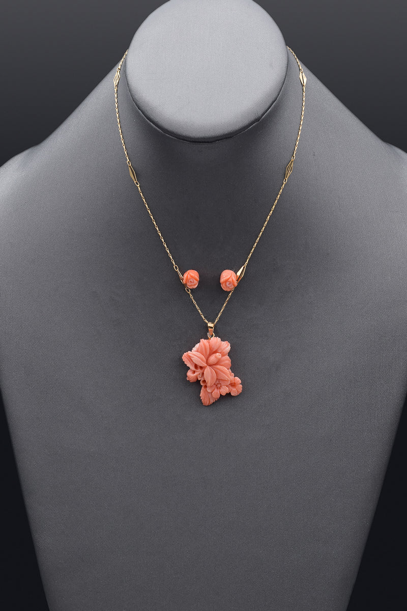 Carved Salmon Coral 14K Gold Earrings & GF Pendant + UnoAErre 18K Chain Necklace