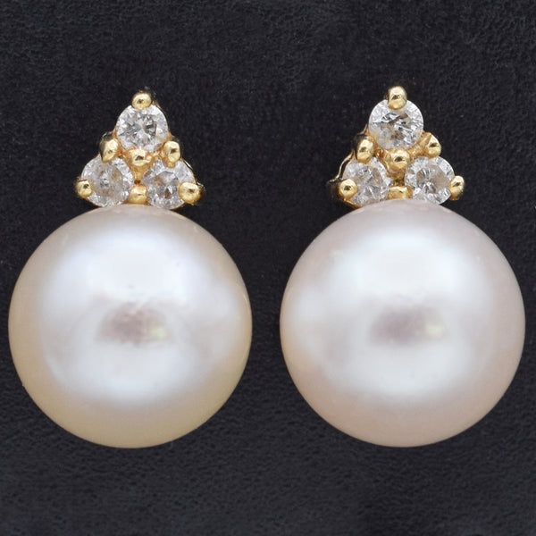 Vintage 14K Yellow Gold Pearl & Diamond Stud Earrings