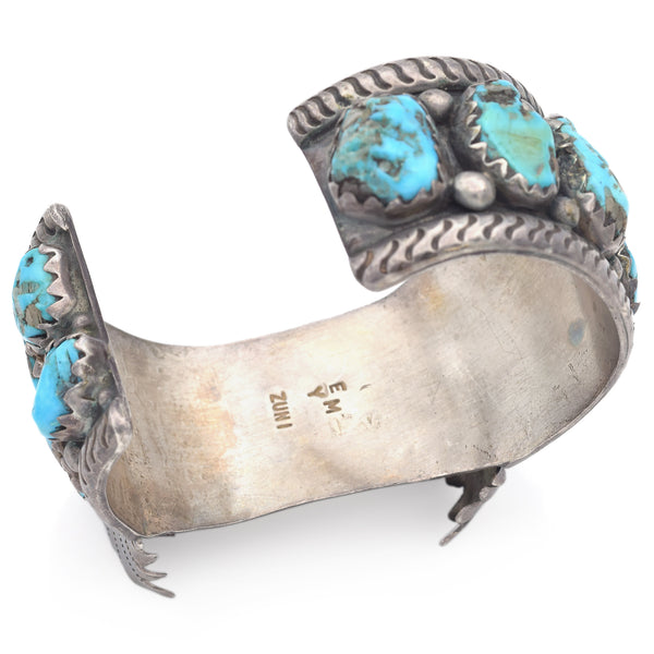 Vintage EMY Signed Zuni Turquoise Sterling Silver Watch Cuff Bracelet