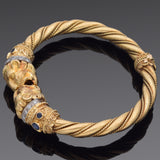 Vintage 18K Yellow Gold 0.51 TCW Diamond & Sapphire Lion Bangle Bracelet
