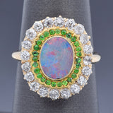Antique 14K Yellow Gold Opal, Tsavorite Garnet & 0.82 TCW Diamond Ring Size 6.25