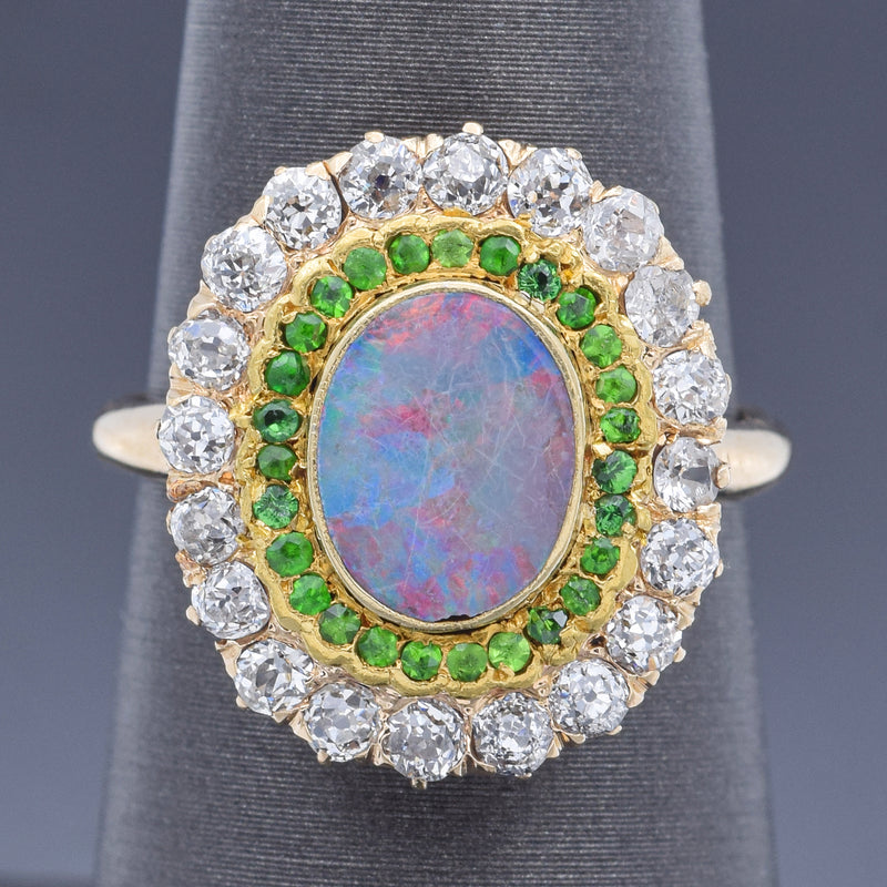 Antique 14K Yellow Gold Opal, Tsavorite Garnet & 0.82 TCW Diamond Ring Size 6.25