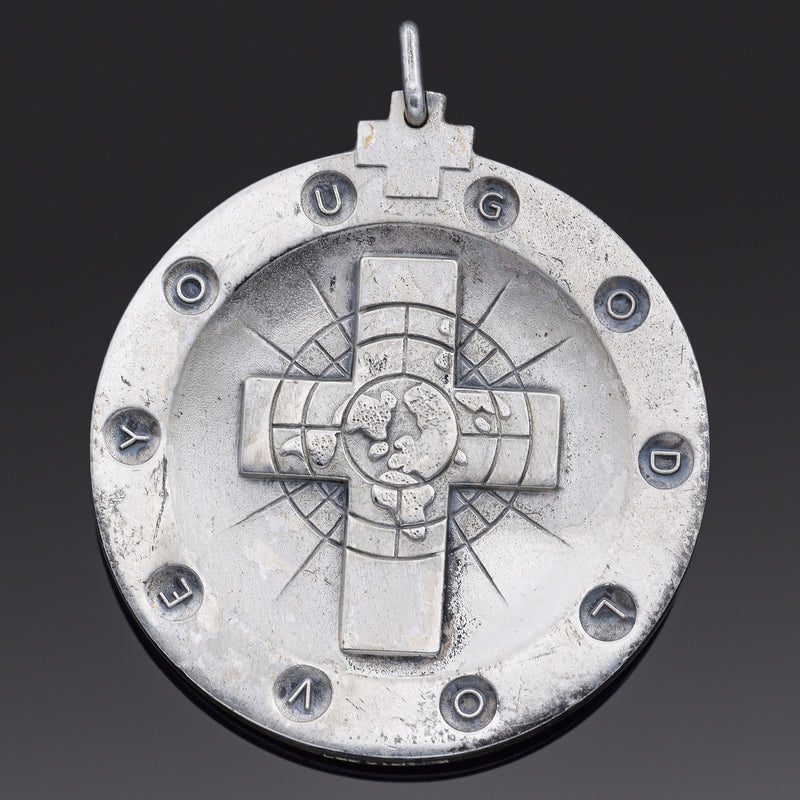 Vintage LGB Sterling Silver Mary God Love You Large Round Reversible Pendant