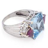 Vintage 18K White Gold 10.29 Ct Aquamarine, 1.40 TCW Ruby, 0.35 TCW Diamond Ring