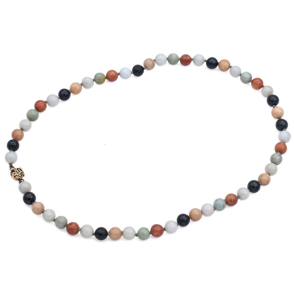 Estate 14K Yellow Gold 8.5 mm Multi-Color Jade Beaded Strand Necklace