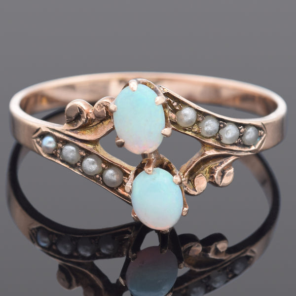 Antique Opal & Seed Pearl 8K Yellow Gold Band Ring Size 6