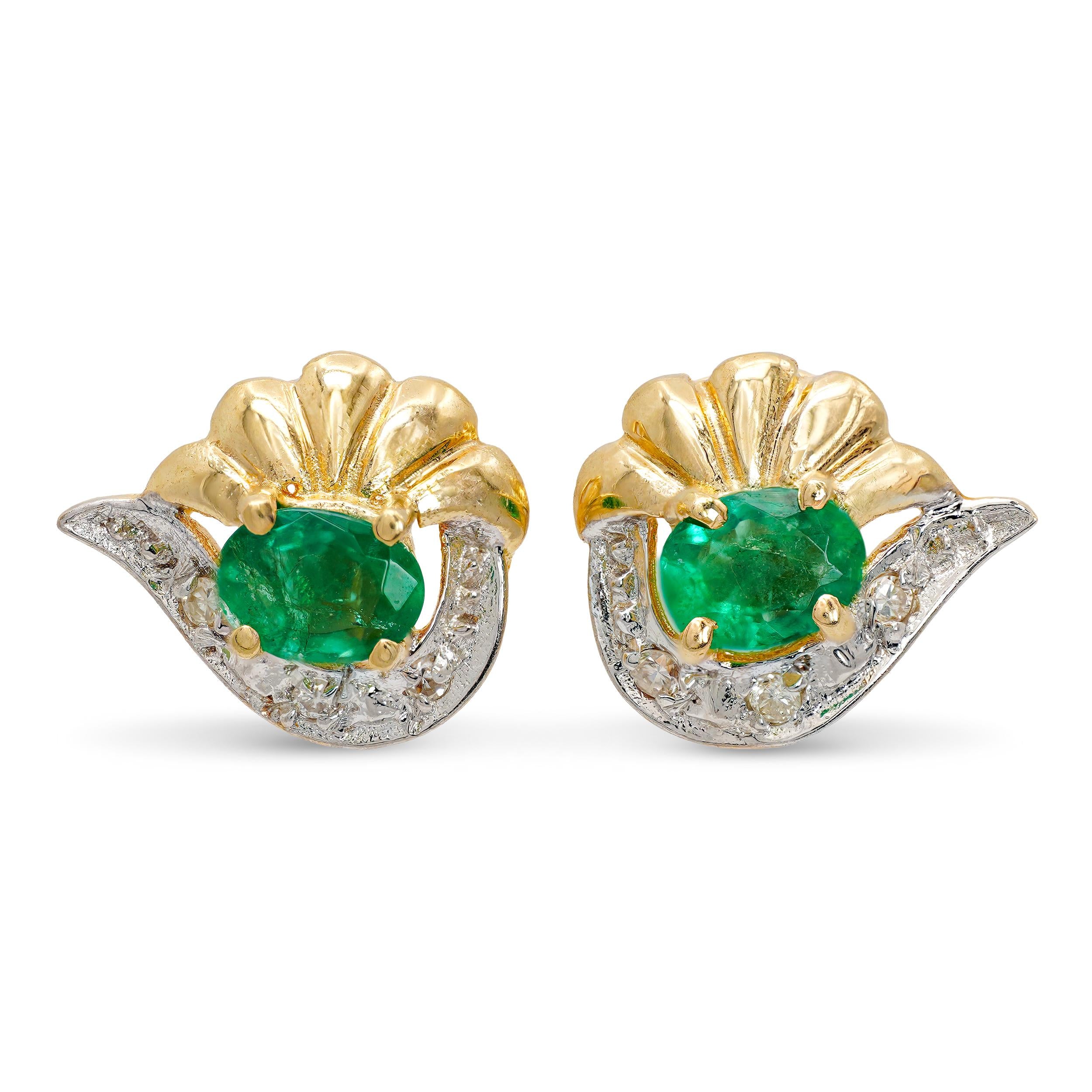 14k Yellow Gold Emerald and Diamond Sculptural Stud Earrings