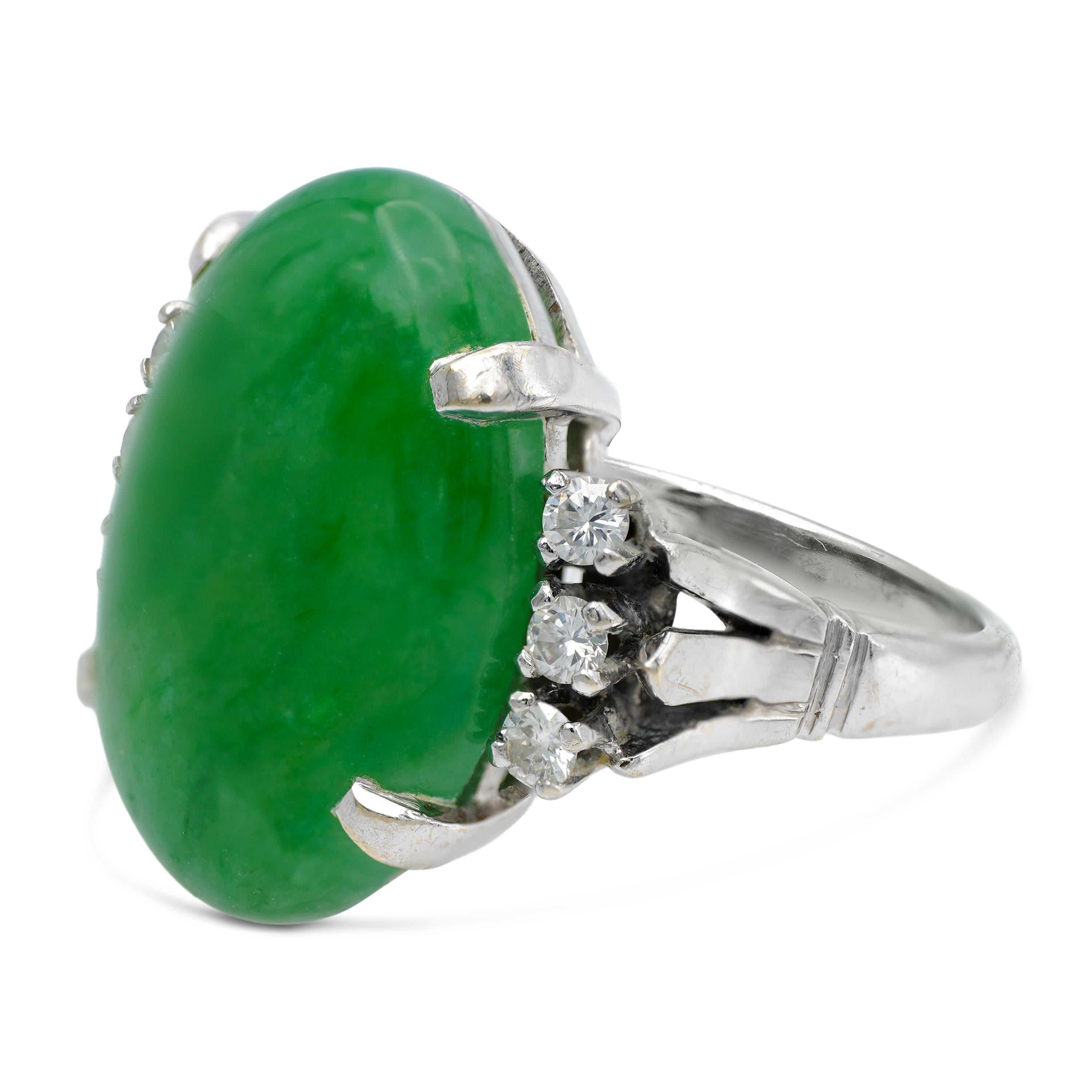 Vintage 14k White Gold 12.09ct Apple Green Jadeite Jade and Diamond Ring