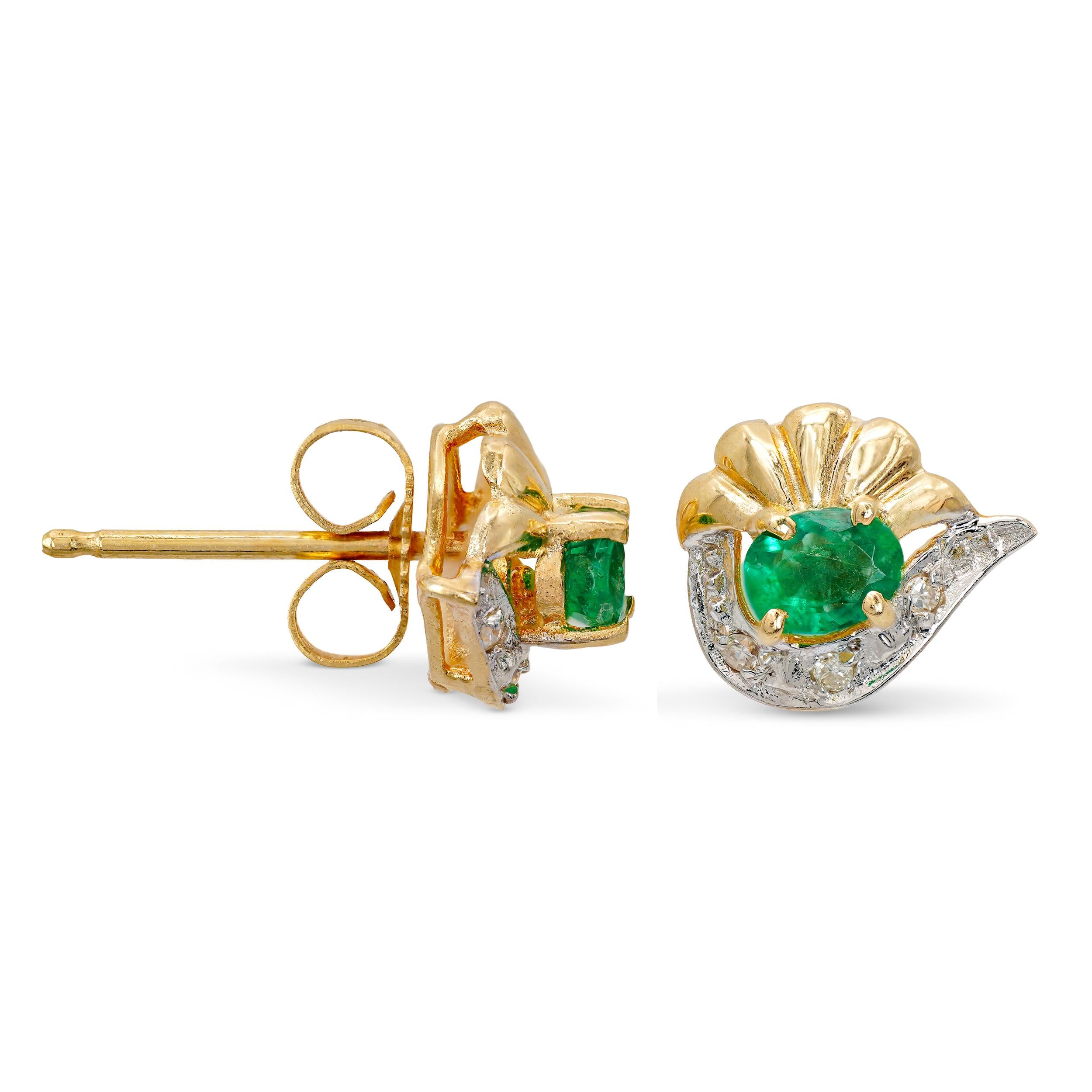 14k Yellow Gold Emerald and Diamond Sculptural Stud Earrings