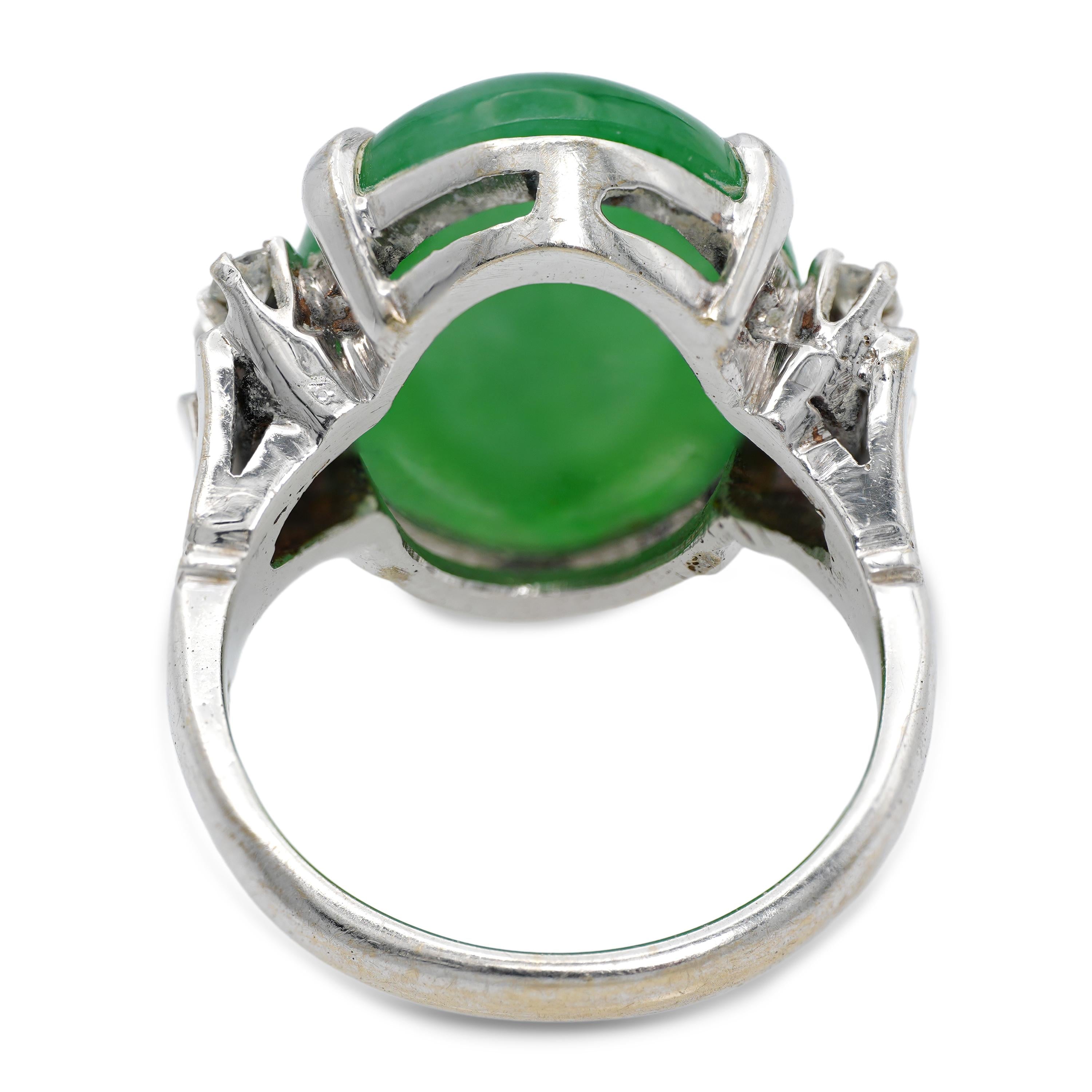 Vintage 14k White Gold 12.09ct Apple Green Jadeite Jade and Diamond Ring
