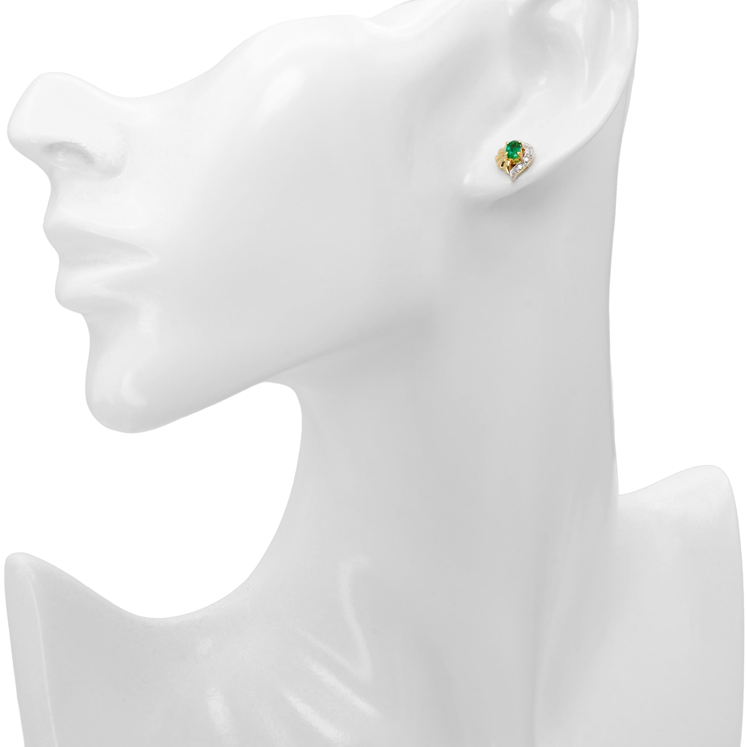14k Yellow Gold Emerald and Diamond Sculptural Stud Earrings