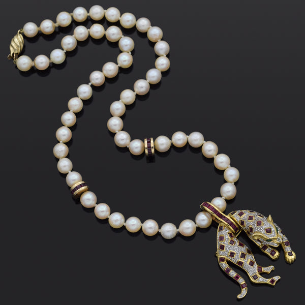 18K Gold Ruby Emerald Diamond Leopard Brooch Pendant on 14K Pearl Necklace