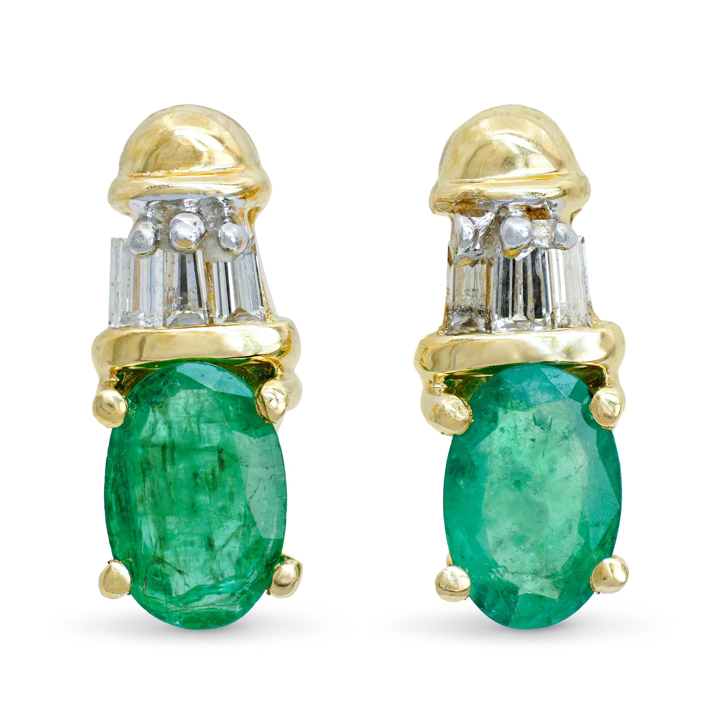 Vintage 14k Yellow Gold Emerald and Diamond Baguette Stud Earrings