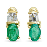 Vintage 14k Yellow Gold Emerald and Diamond Baguette Stud Earrings