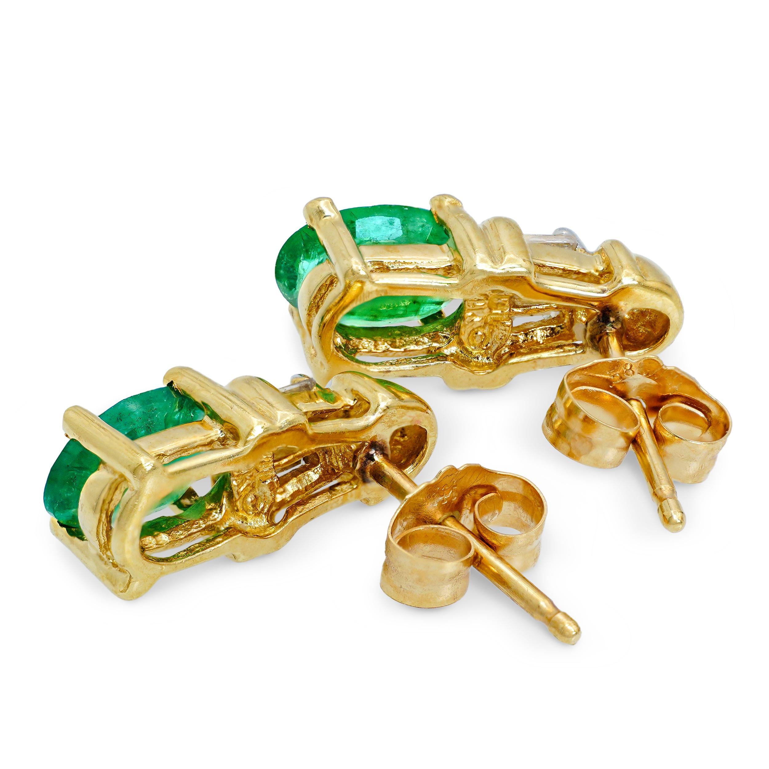 Vintage 14k Yellow Gold Emerald and Diamond Baguette Stud Earrings