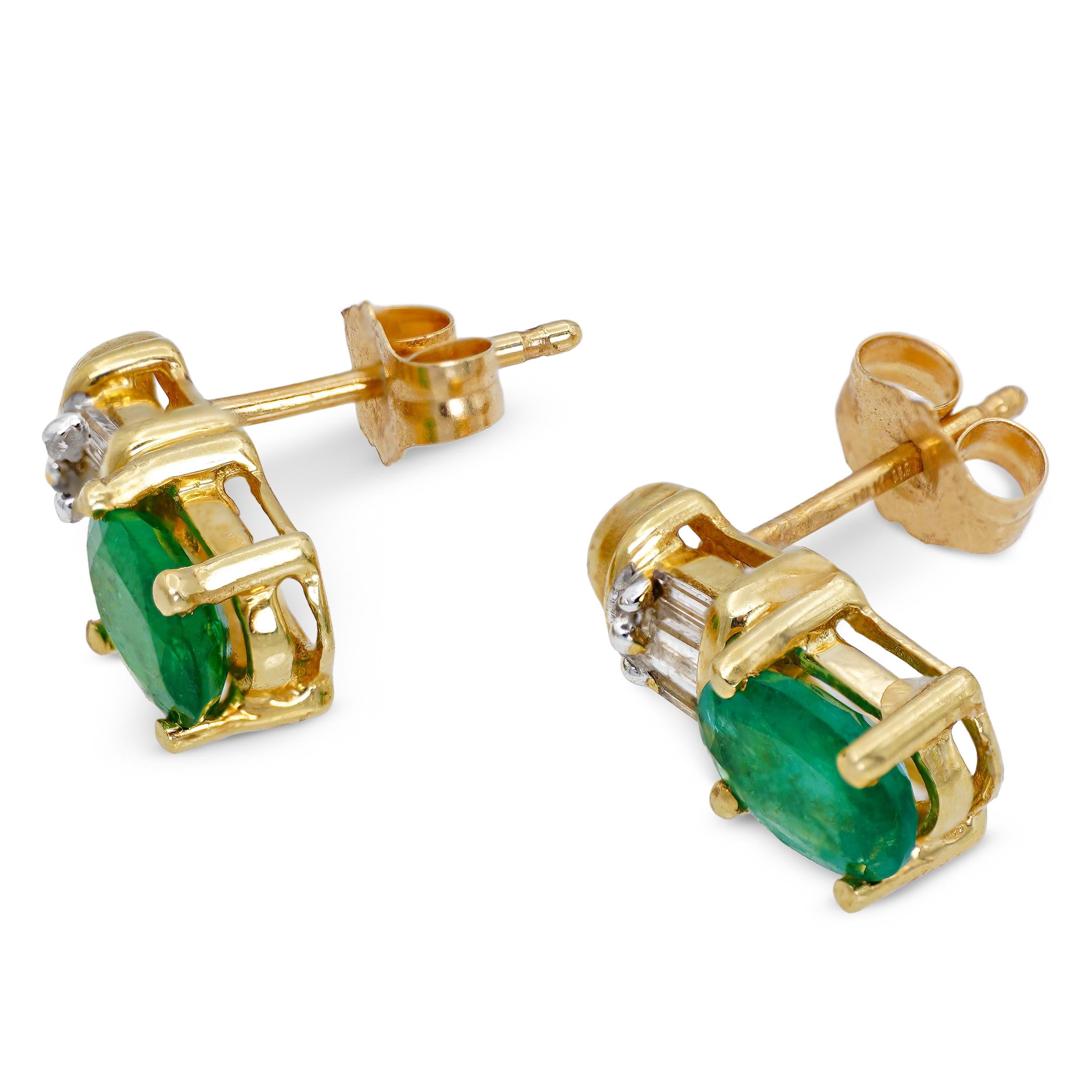 Vintage 14k Yellow Gold Emerald and Diamond Baguette Stud Earrings