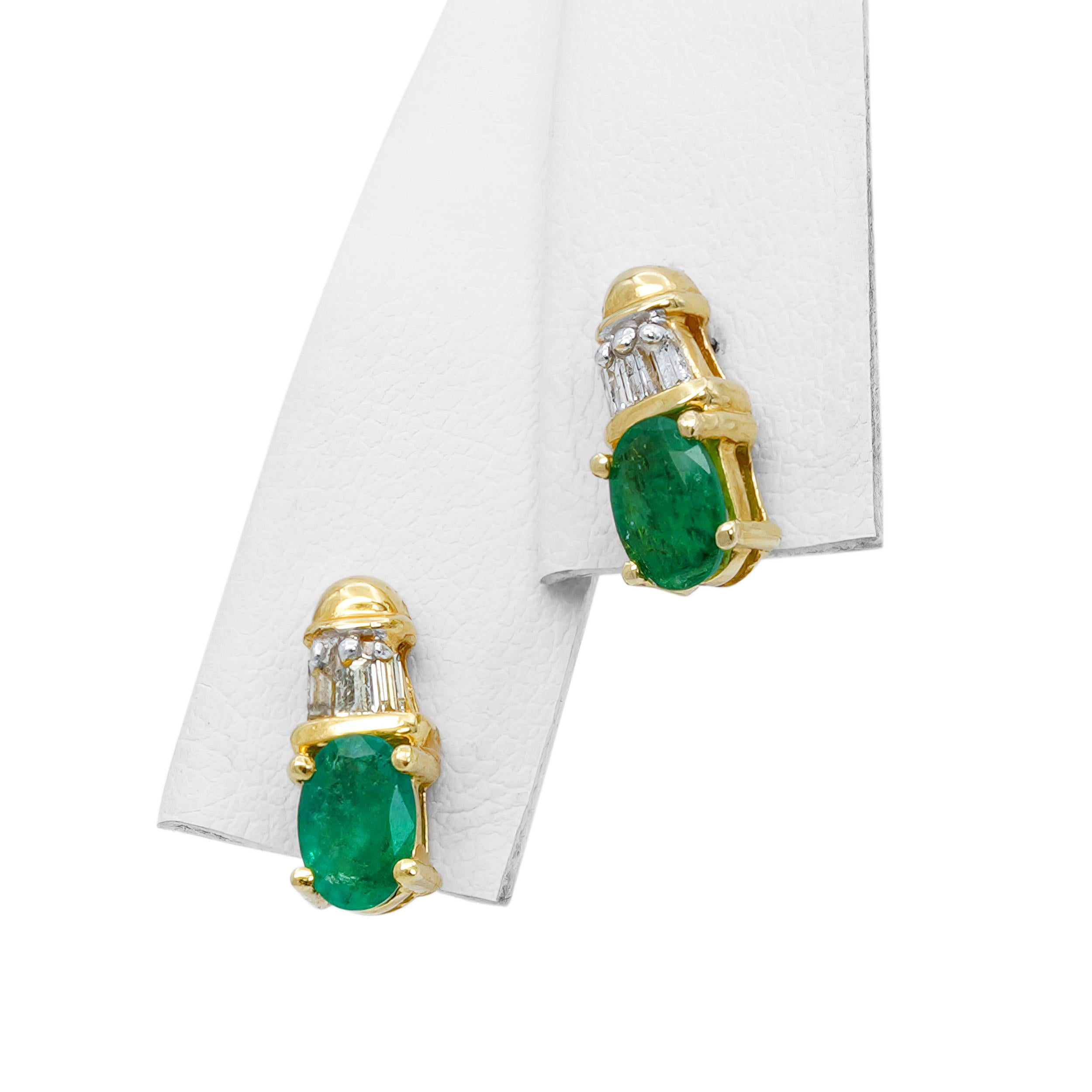 Vintage 14k Yellow Gold Emerald and Diamond Baguette Stud Earrings