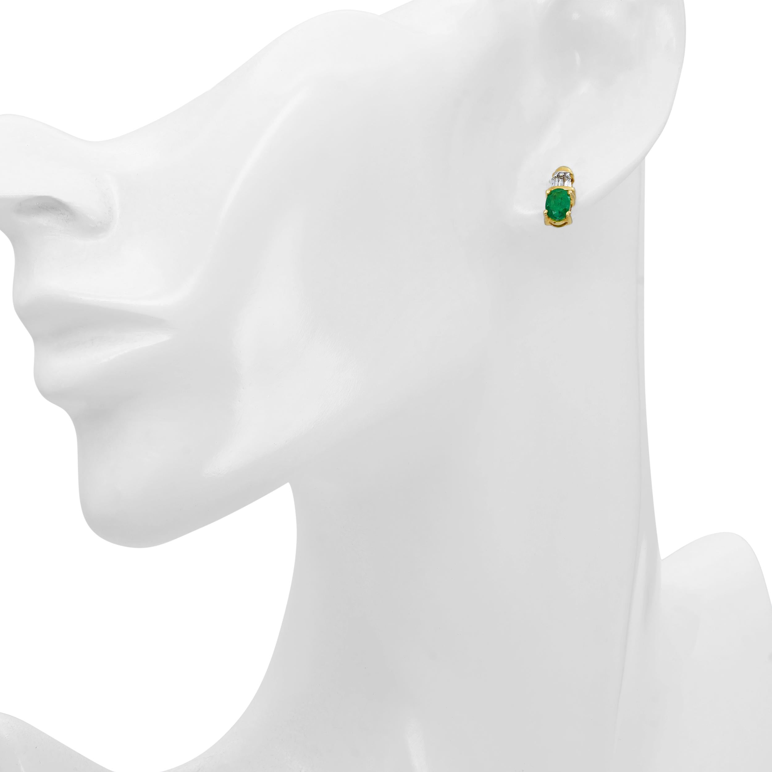 Vintage 14k Yellow Gold Emerald and Diamond Baguette Stud Earrings