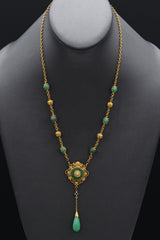 Vintage 足金 24K Yellow Gold Green Jade & Opal Drop Pendant Necklace