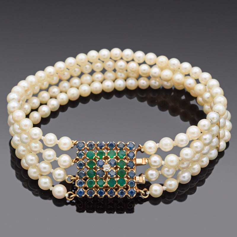 Vintage 14K Gold Sapphire, Emerald, Diamond & Pearl Beaded Multi-Strand Bracelet