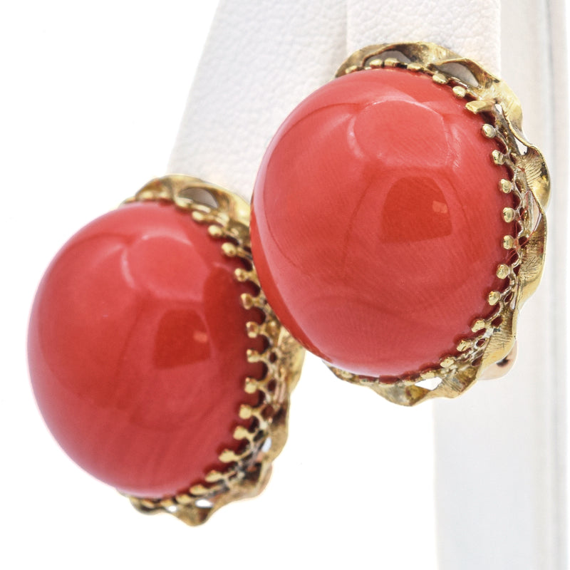 Vintage 14K Yellow Gold Red Coral Round Cabochon Clip On Earrings