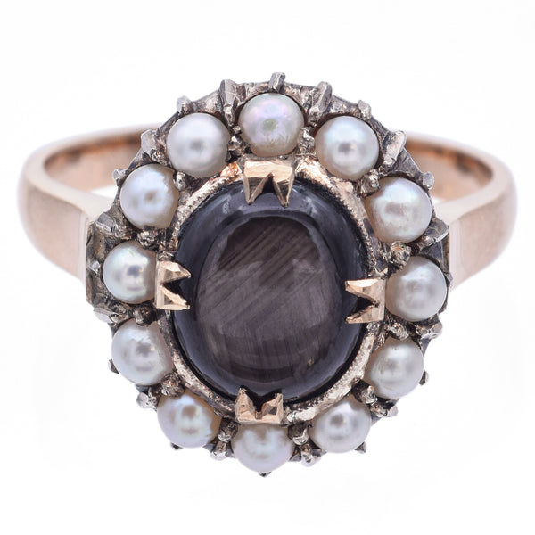 Vintage Yellow Gold 1.53 Ct Black Star Sapphire & Seed Pearl Band Ring Size 7.75