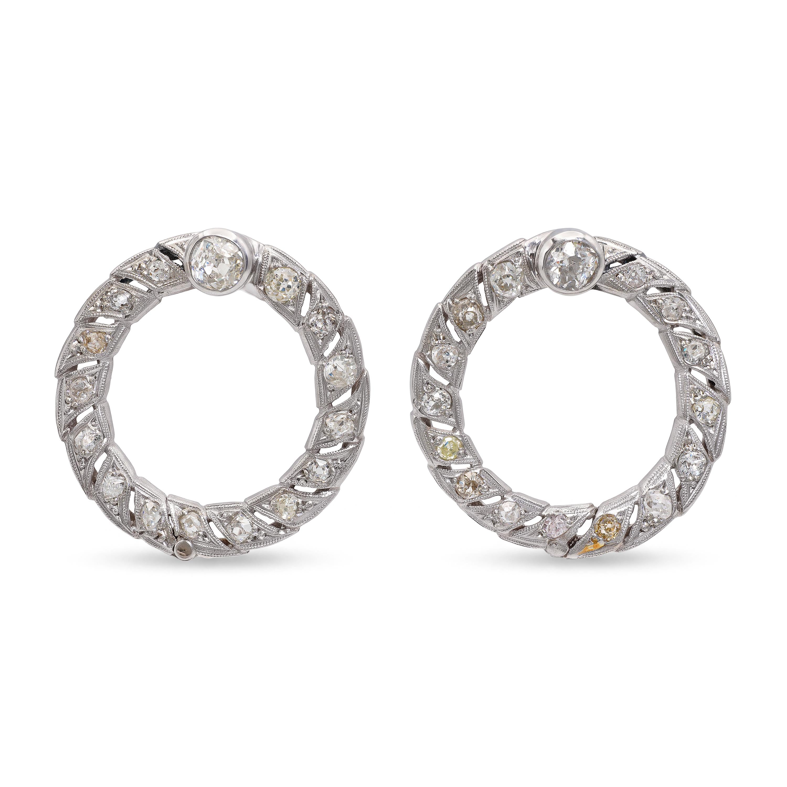 Vintage White Gold Topped Platinum and Old Euro Cut Diamond Spiral Hoop Earrings