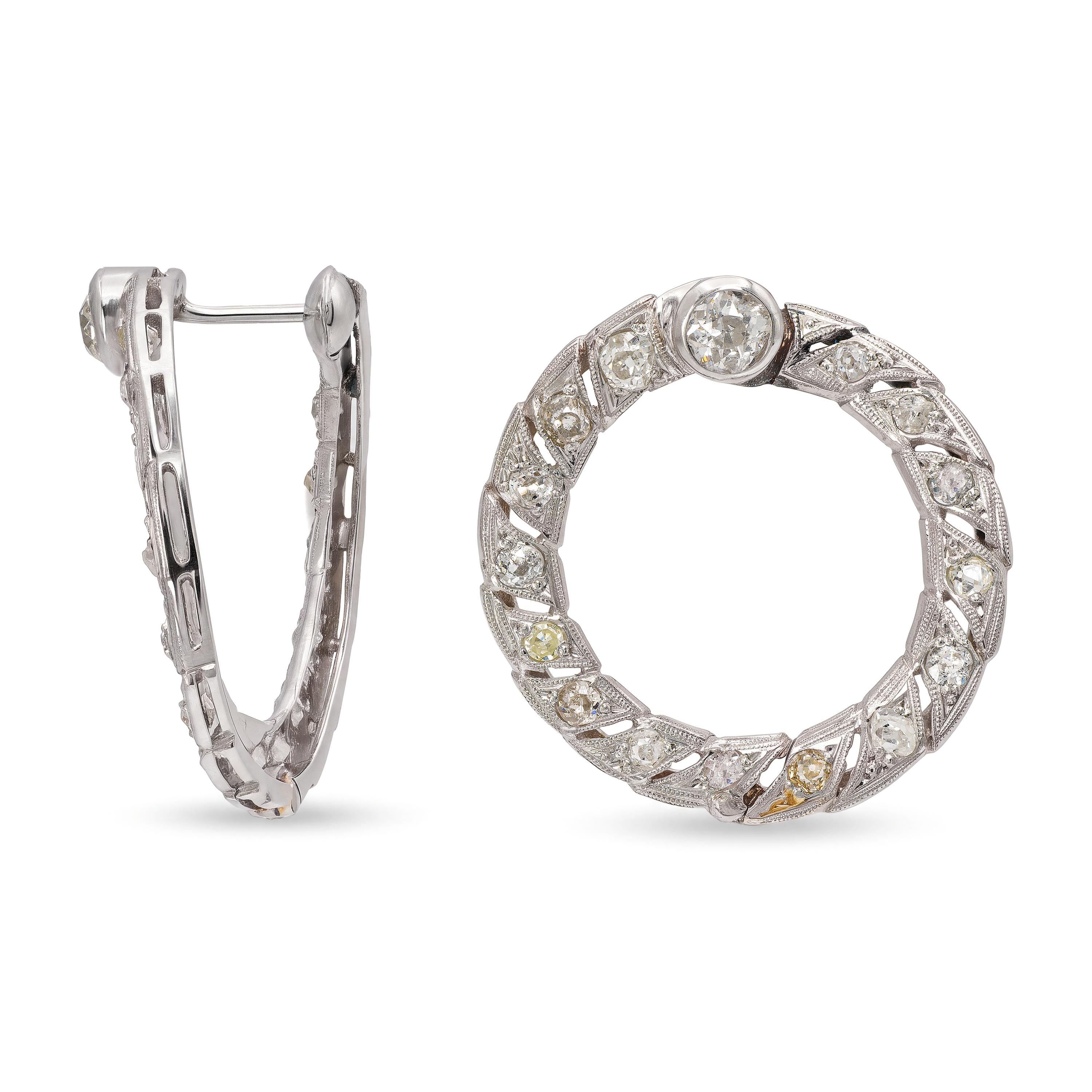 Vintage White Gold Topped Platinum and Old Euro Cut Diamond Spiral Hoop Earrings