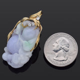 Vintage 14K Yellow Gold Lavender Green Jade & Diamond Carved Bird Gourd Pendant
