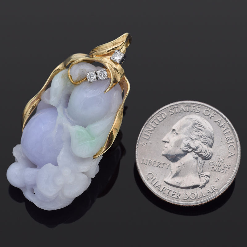 Vintage 14K Yellow Gold Lavender Green Jade & Diamond Carved Bird Gourd Pendant