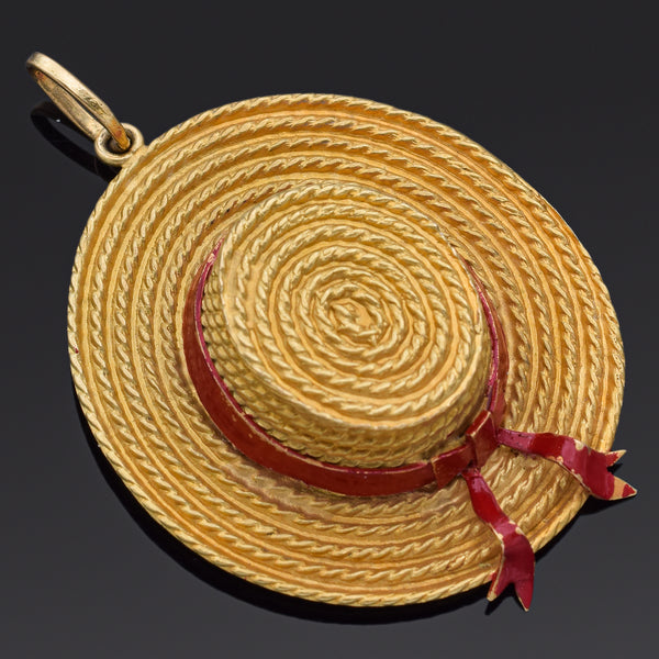 Vintage 1950s 18K Yellow Gold Venetian Gondolier Straw Hat Charm