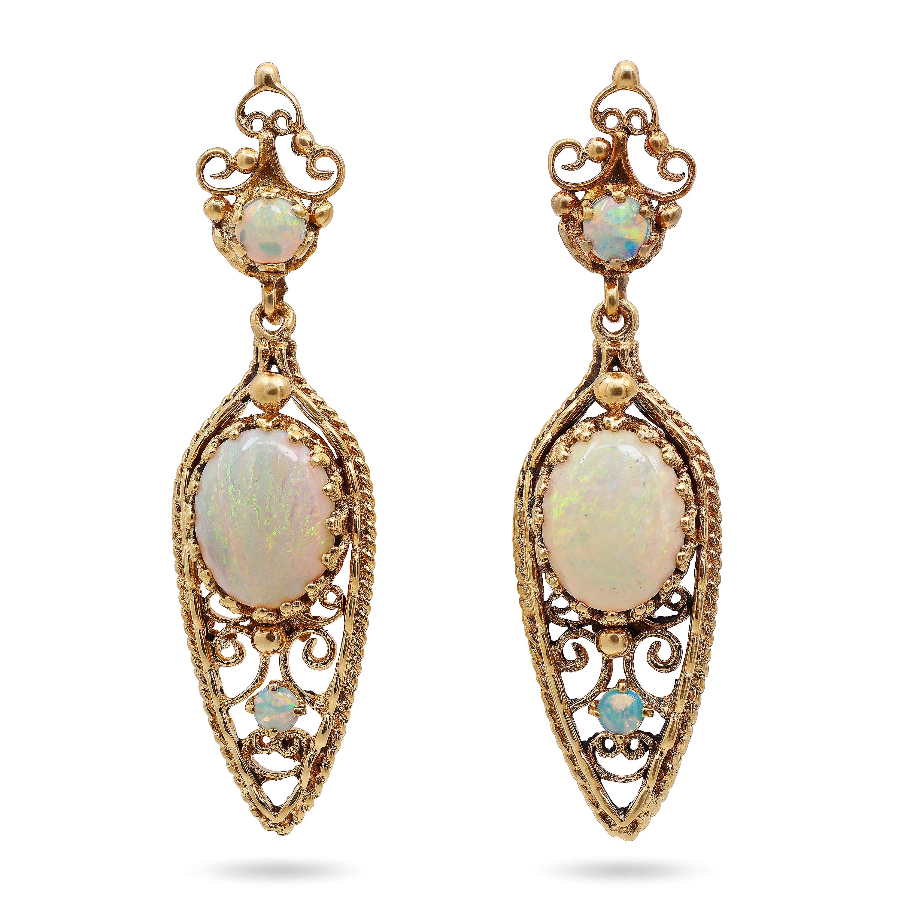 Vintage 14k Yellow Gold Openwork 1.20tcw Opal Dangle Earrings