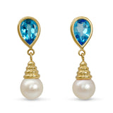 Vintage 14k Yellow Gold Blue Topaz and Pearl Drop Earrings