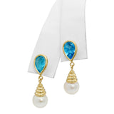 Vintage 14k Yellow Gold Blue Topaz and Pearl Drop Earrings