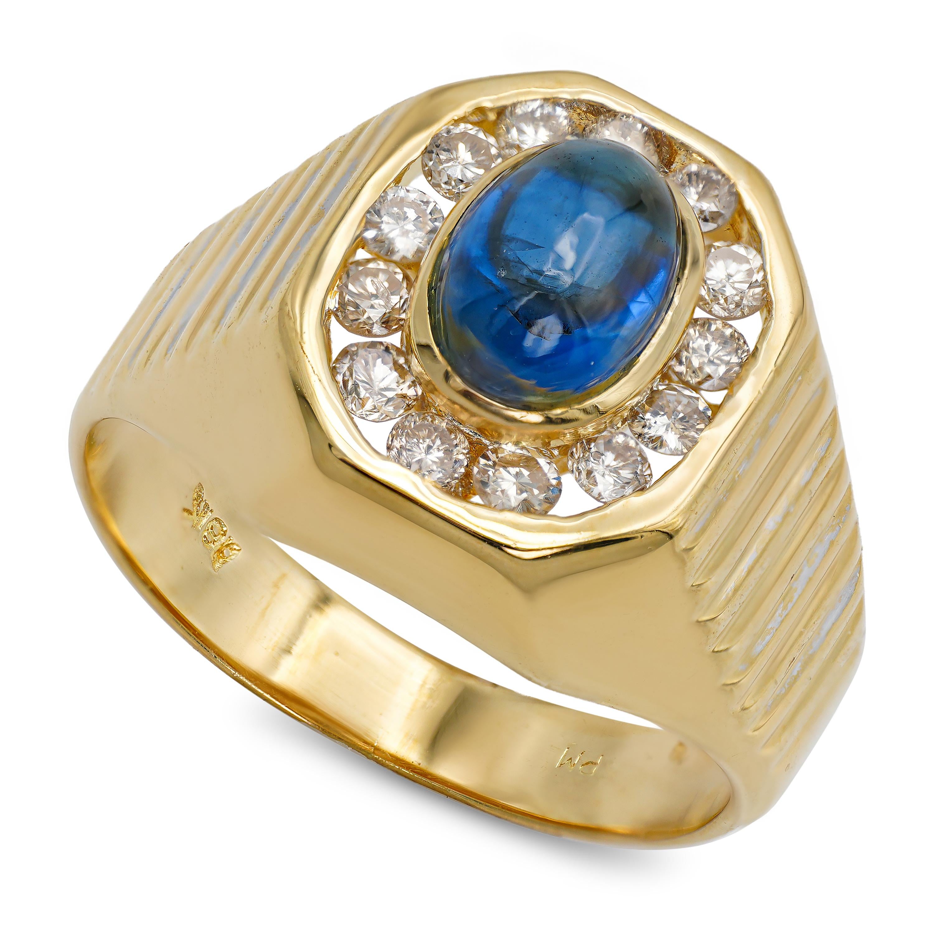 Vintage 18k Yellow Gold Diamond and Cabochon Sapphire Ring