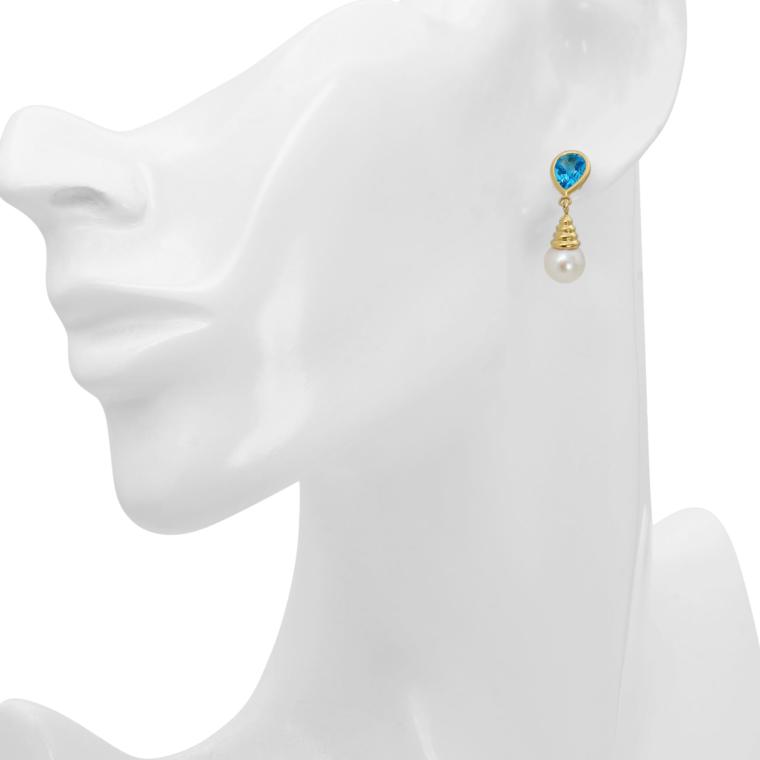 Vintage 14k Yellow Gold Blue Topaz and Pearl Drop Earrings