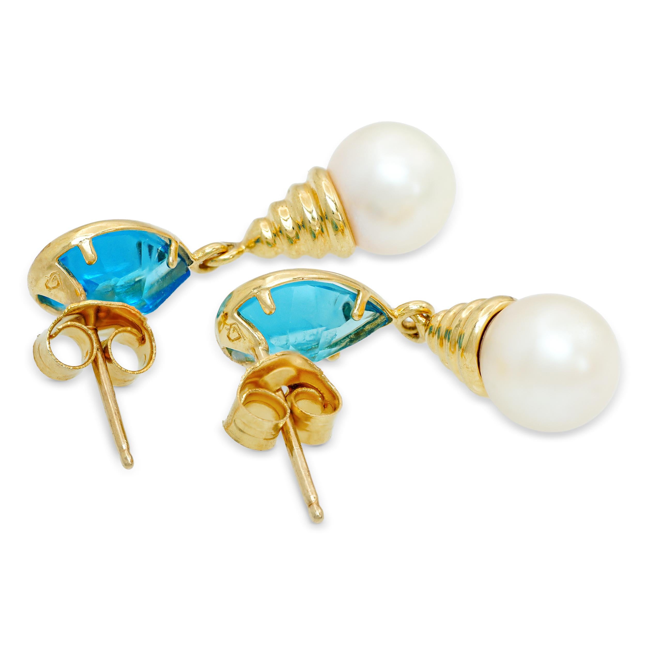 Vintage 14k Yellow Gold Blue Topaz and Pearl Drop Earrings