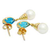 Vintage 14k Yellow Gold Blue Topaz and Pearl Drop Earrings
