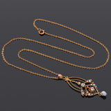 Antique 10K Yellow Gold Pearl, Zircon & Diamond Pendant Necklace + Box