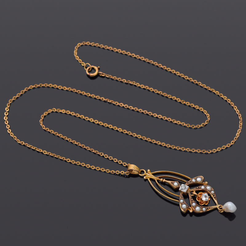 Antique 10K Yellow Gold Pearl, Zircon & Diamond Pendant Necklace + Box