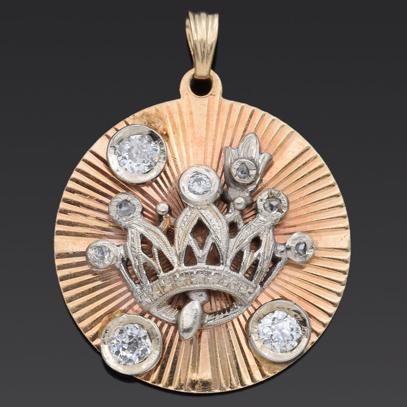 Vintage 14K Yellow Gold 0.59 TCW Old Euro Diamond Crown Pendant
