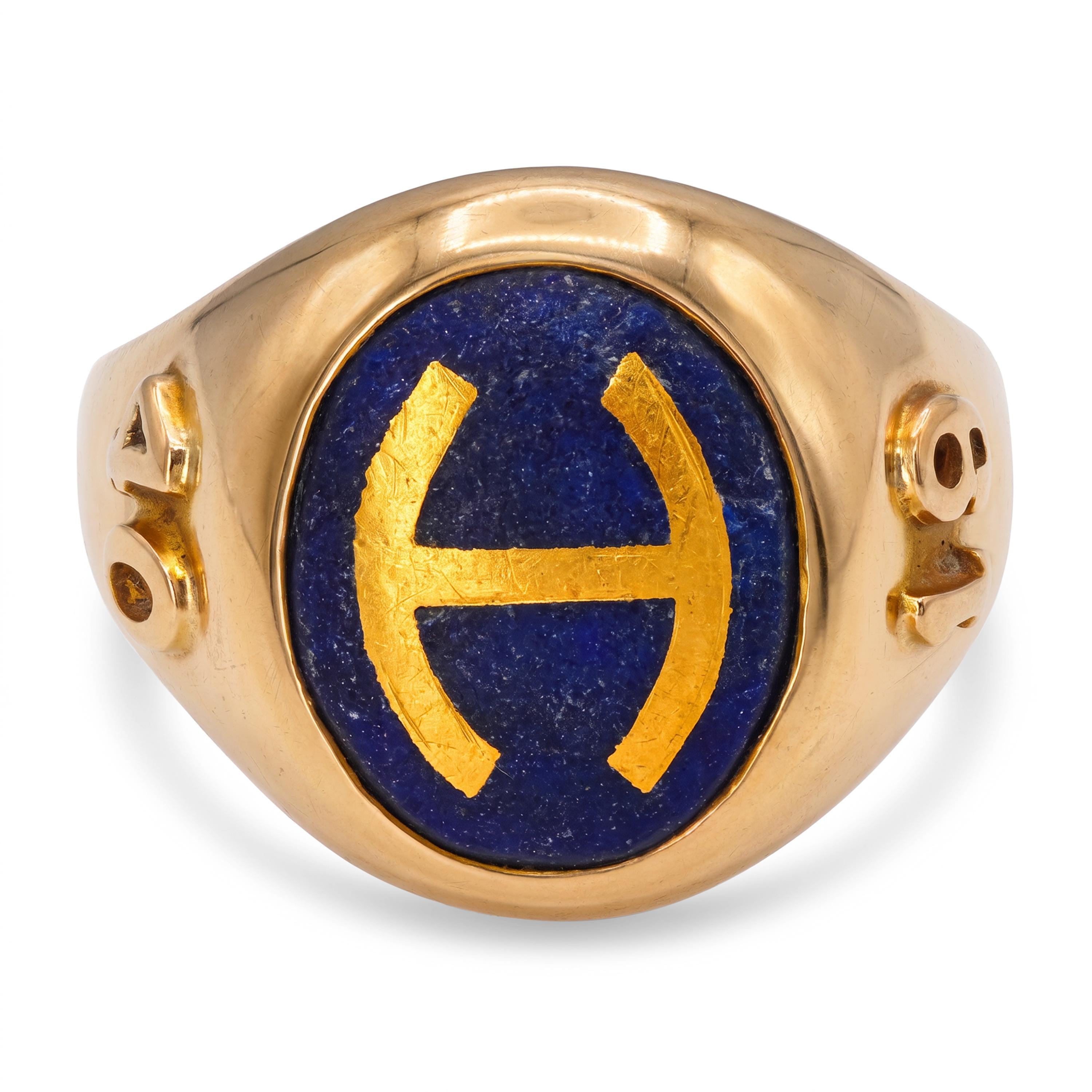 Vintage 1940 10k Yellow Gold Lapis Lazuli and Inlay H. Initial Ring