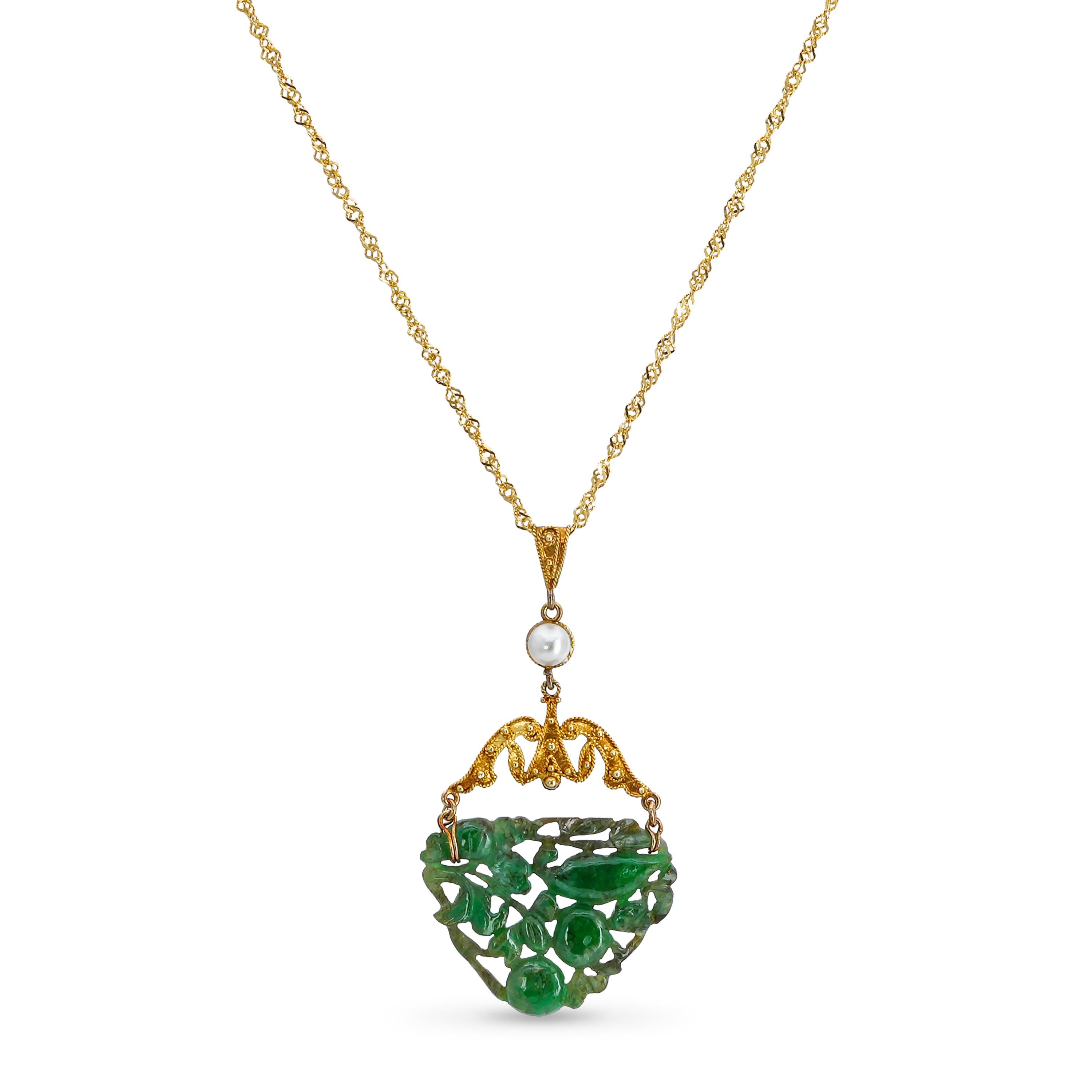 Antique 18k Riveted Yellow Gold Pearl and Jadeite Jade Carving Pendant