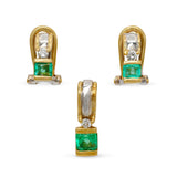 Vintage Two Tone 16k Gold Emerald and Diamond Earring and Pendant Set